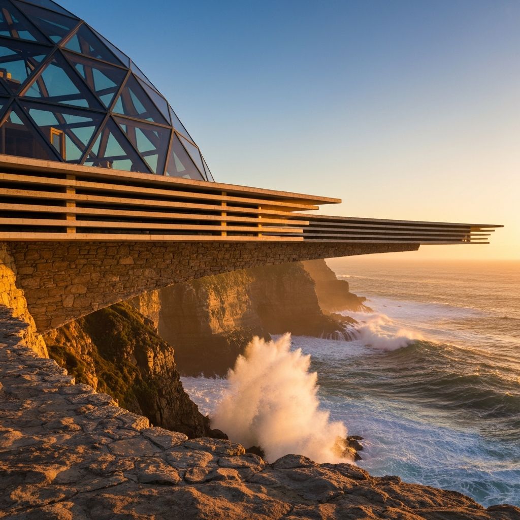 Geodesic dome over Atlantic at sunset