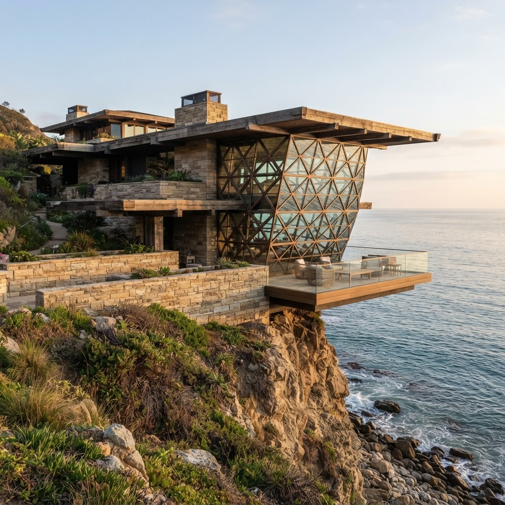 Cantilevered stone and timber terraces of Oasis Pier over the ocean