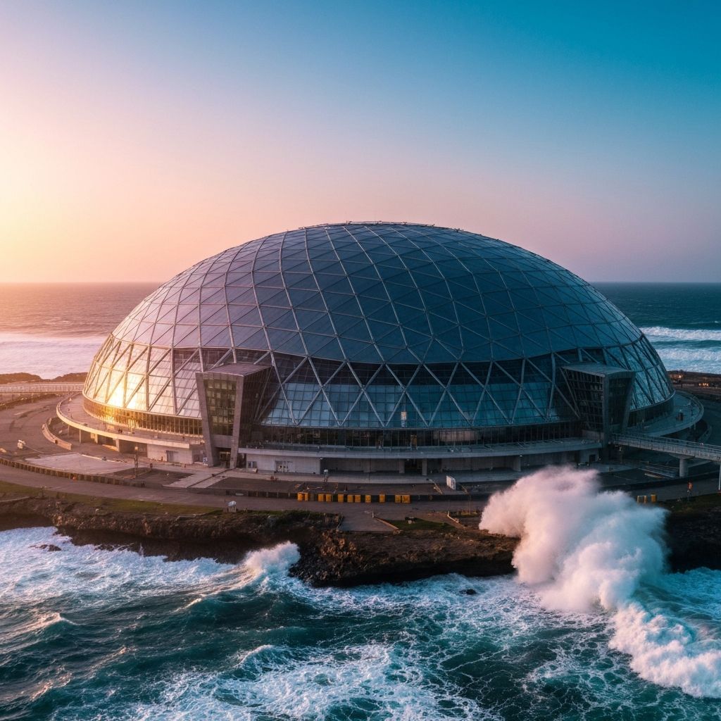 Oasis Pier geodesic dome with pier at sunset