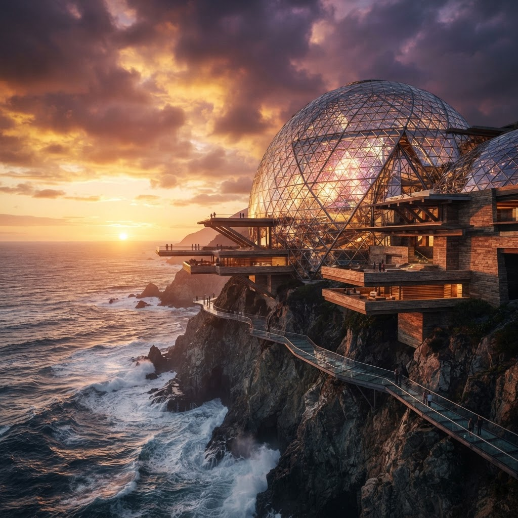 Oasis Pier — a geodesic glass-lattice sanctuary rising from the ocean cliff at sunset, refracting the horizon through thousands of facets