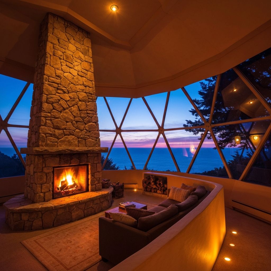 Stone fireplace with ocean backdrop
