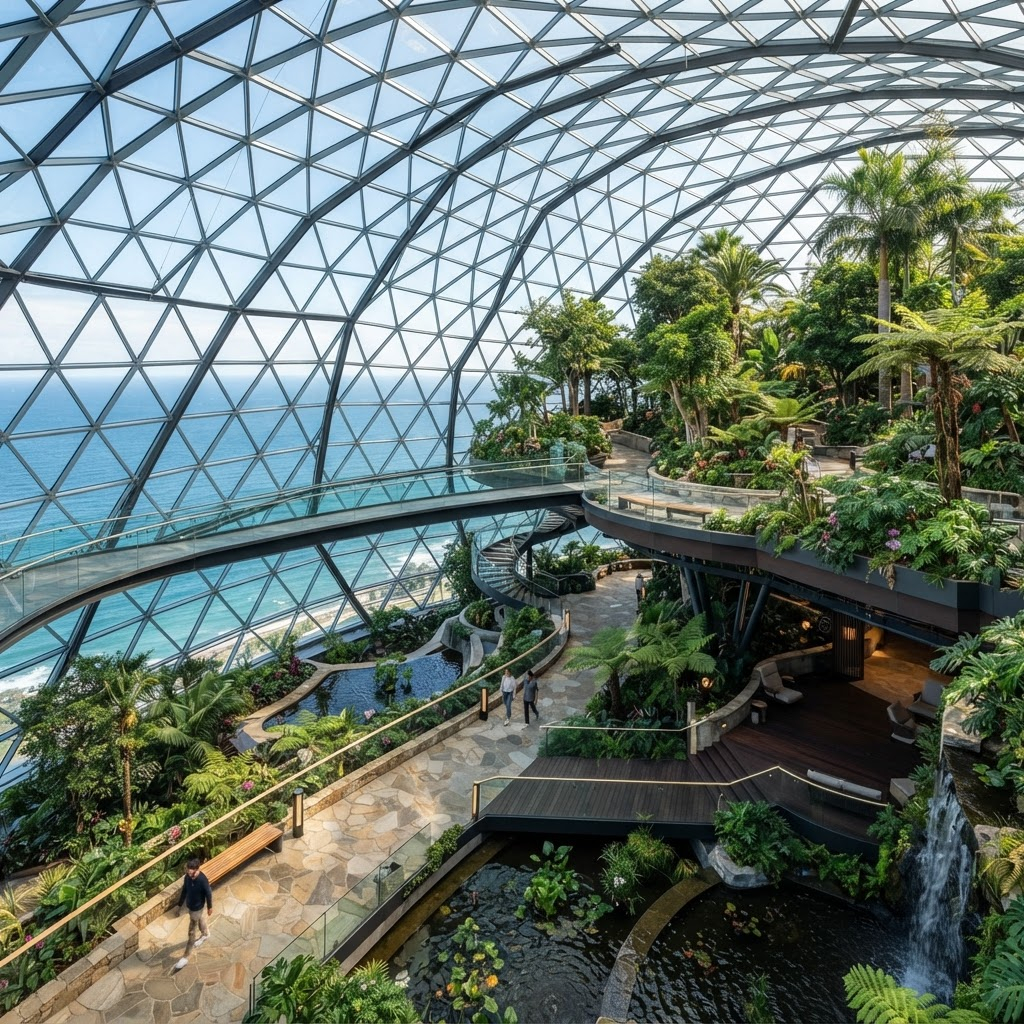 Sky Arboretum garden beneath a crystalline glass canopy