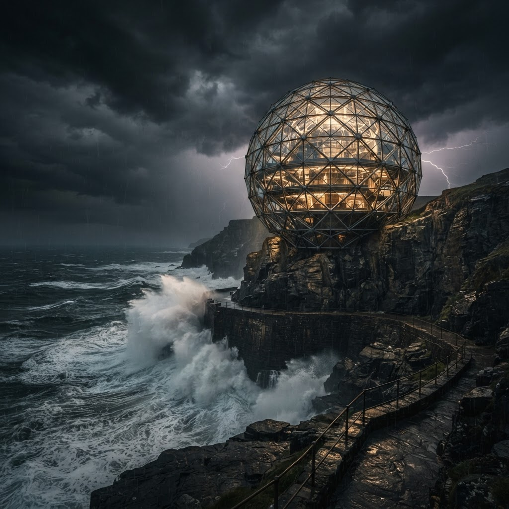 Oasis Pier standing resilient against a powerful ocean storm, lit warmly from within