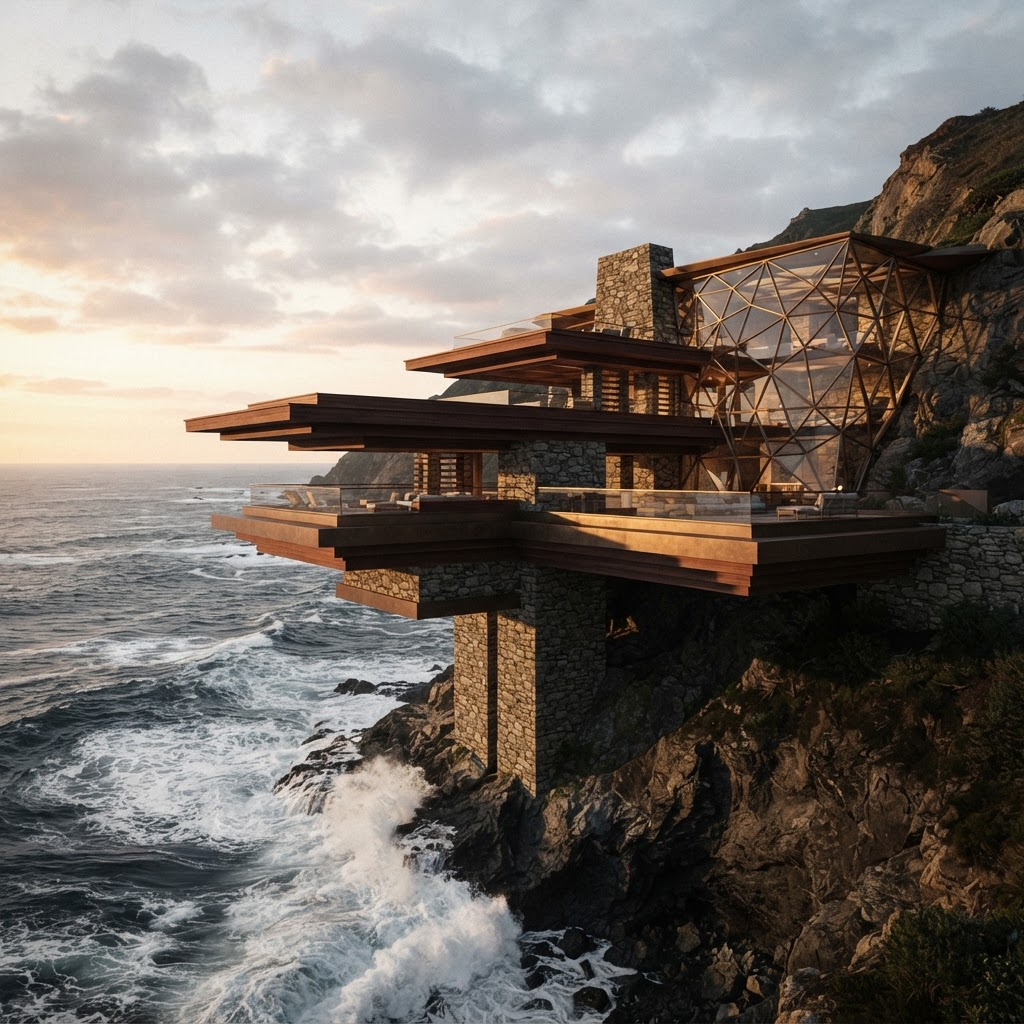Dramatic cantilevered stone and timber planes projecting over the ocean from the cliff
