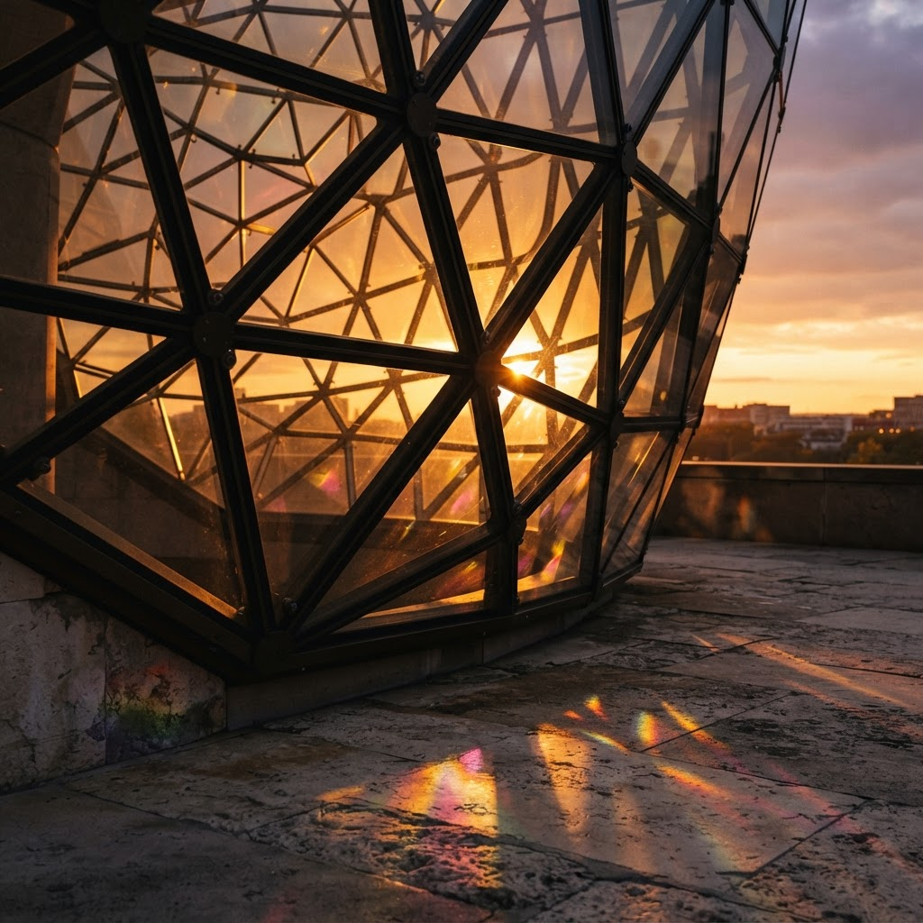 Close study of sunset light refracting through thousands of triangular glass facets