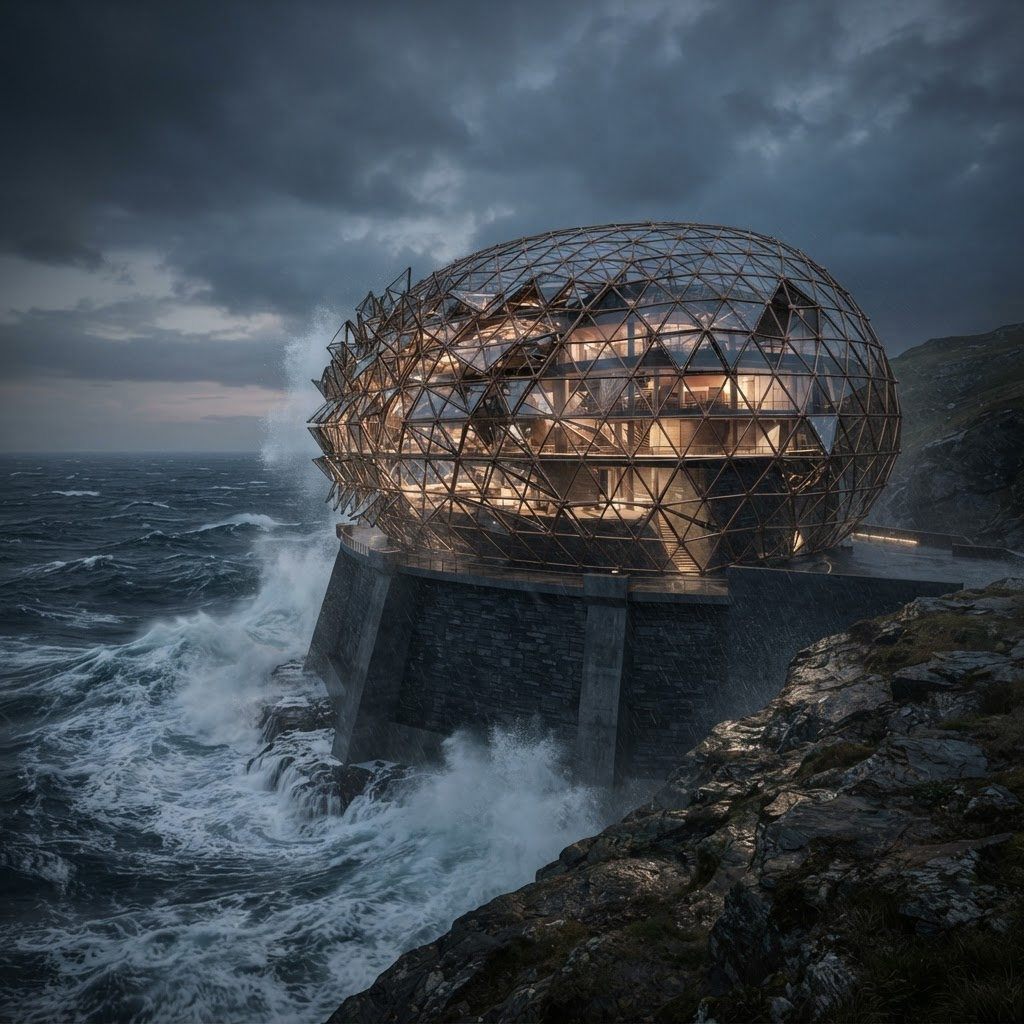 The Storm Sentinel adaptive shell articulating its faceted panels during a storm