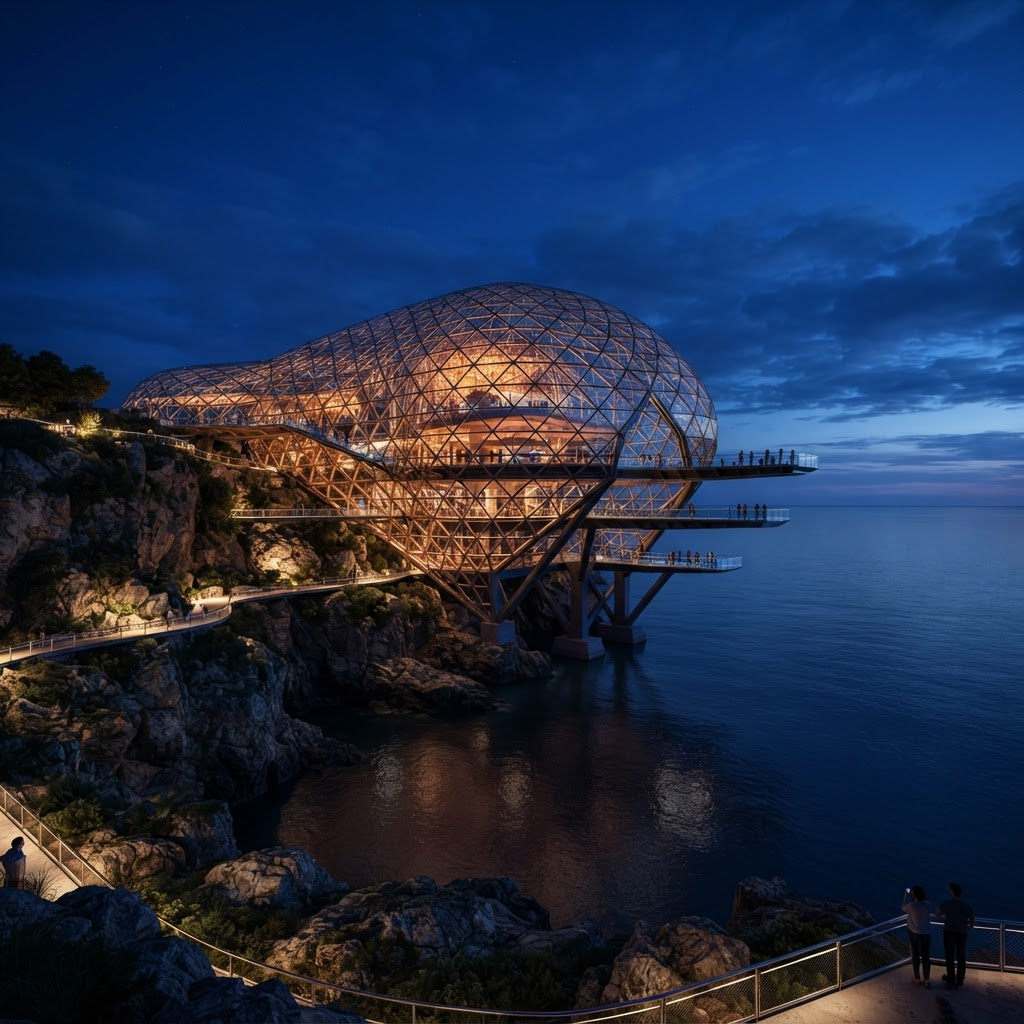The Oasis Pier landmark glowing warmly from within at blue hour on the ocean cliffs